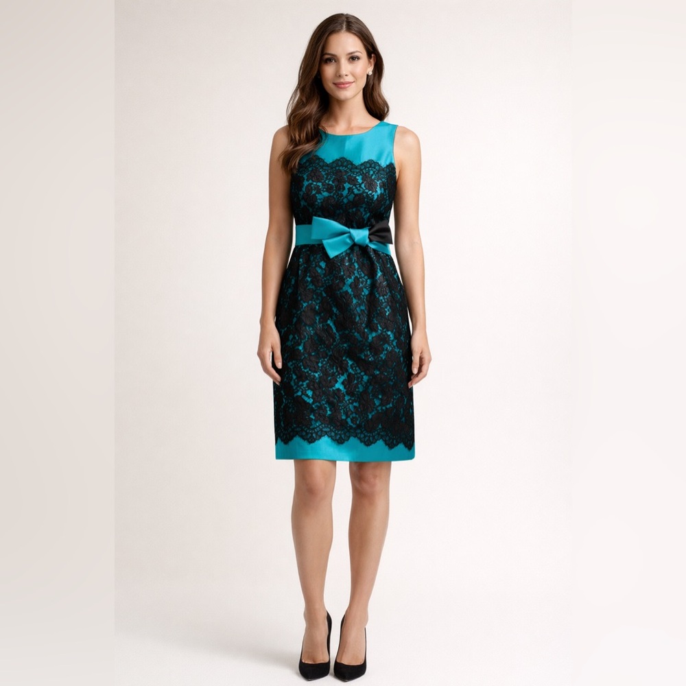 Per Se Blue and Black Lace and Satin Sheath Cocktail Dress